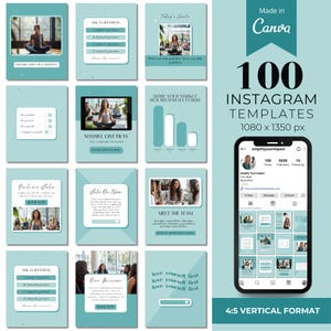 Puede incluir: Un conjunto de 100 plantillas de Instagram en un esquema de color turquesa y blanco. Las plantillas están en un formato vertical de 4:5 y tienen 1080 x 1350 píxeles. Las plantillas presentan varios diseños, que incluyen cuadros de texto, imágenes y gráficos. El texto en la imagen dice "Hecho en Canva", "100 plantillas de Instagram", "1080 x 1350 px", "Formato vertical 4:5", "Hacer una pregunta", "Objetivos de hoy", "Sorteo masivo", "Comparte los resultados de tu investigación de mercado aquí", "Venta en línea", "Comienza ahora", "Conoce al equipo", "Nuestra misión", "Quiérete a ti mismo primero", "Amplía tu impacto", "100 publicaciones", "5529 seguidores", "15 seguidos".