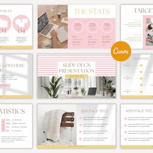 May include: A presentation slide deck template with a pink and gold color scheme. The slides include charts, graphs, and text boxes. The Canva logo is visible. The presentation is designed for business or marketing purposes.