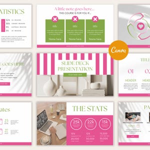 May include: A collection of Canva presentation templates with a pink and white color scheme. The templates include slides for statistics, titles, and a slide deck presentation. The image also shows a laptop and a person working.