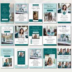 May include: A collection of 12 teal and light blue Instagram post templates for business owners. The templates feature text such as "How to Start a Blog to Grow Your Biz", "How to Make Money on Instagram for Complete Beginners", "Huge Sale Details Here", "Business Tips: Your Blog Post Title Goes Here", "How to Land Your First Client", "How to Manage Your Travel Blog", and "10 Tips to Learn for Your Topic".