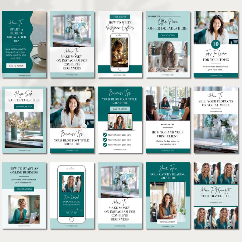 May include: A collection of 12 teal and light blue Instagram post templates for business owners. The templates feature text such as "How to Start a Blog to Grow Your Biz", "How to Make Money on Instagram for Complete Beginners", "Huge Sale Details Here", "Business Tips: Your Blog Post Title Goes Here", "How to Land Your First Client", "How to Manage Your Travel Blog", and "10 Tips to Learn for Your Topic".