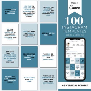 May include: A collection of 100 Instagram templates in a 4:5 vertical format. The templates are designed with a blue and white color scheme and feature motivational quotes. The text "100 Instagram Templates 1080 x 1350 px" is displayed in white text on a blue background. The text "4:5 Vertical Format" is displayed in white text on a blue background.
