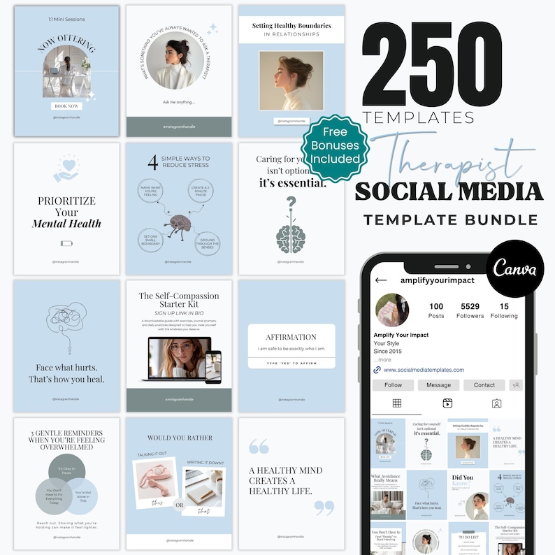 Therapist Instagram Templates Canva Bundle: Mental Health Social Media ...