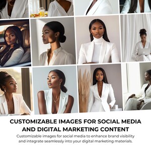 Pode incluir: Uma cole&ccedil;&atilde;o de imagens com uma mulher negra vestindo diferentes roupas brancas. As imagens s&atilde;o personaliz&aacute;veis e podem ser usadas para conte&uacute;do de m&iacute;dia social e marketing digital.