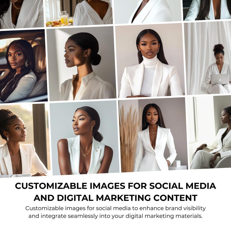 Pode incluir: Uma cole&ccedil;&atilde;o de imagens com uma mulher negra vestindo diferentes roupas brancas. As imagens s&atilde;o personaliz&aacute;veis e podem ser usadas para conte&uacute;do de m&iacute;dia social e marketing digital.
