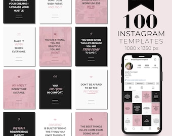 May include: A collection of 100 Instagram templates in a 4:5 vertical format. The templates feature inspirational quotes in black and pink, with a phone displaying a sample Instagram profile. The Canva logo is visible.