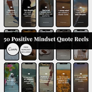 Peut inclure: Une collection de 50 reels de citations positives sur l'état d'esprit, chacun affiché sur un écran de smartphone. Les reels présentent des citations inspirantes avec diverses images de fond. Le logo Canva et le texte "FREE BONUSES INCLUDED" sont également visibles.