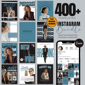 May include: A digital marketing bundle with over 400 Instagram templates. The design includes various layouts with images of women, text overlays, and a mobile phone mockup. The colour scheme is primarily blue and white.