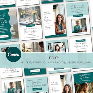 May include: A collection of teal and white social media templates for online business. The templates feature text such as "How to Start an Online Business", "How to Create a Branded Instagram Account", and "How to Monetize Your Instagram".