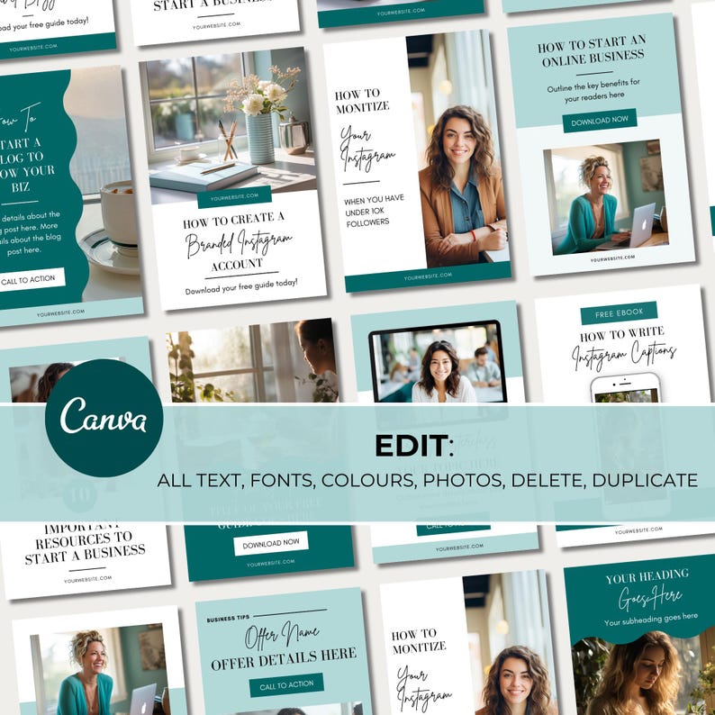 May include: A collection of teal and white social media templates for online business. The templates feature text such as "How to Start an Online Business", "How to Create a Branded Instagram Account", and "How to Monetize Your Instagram".