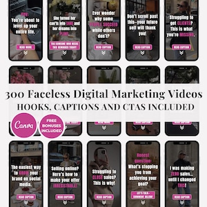 May include: A promotional graphic featuring multiple phone screen mockups. Text includes "300 Faceless Digital Marketing Videos" and various marketing phrases. A Canva logo and "Free Bonuses Included" are also present. The theme is digital marketing.