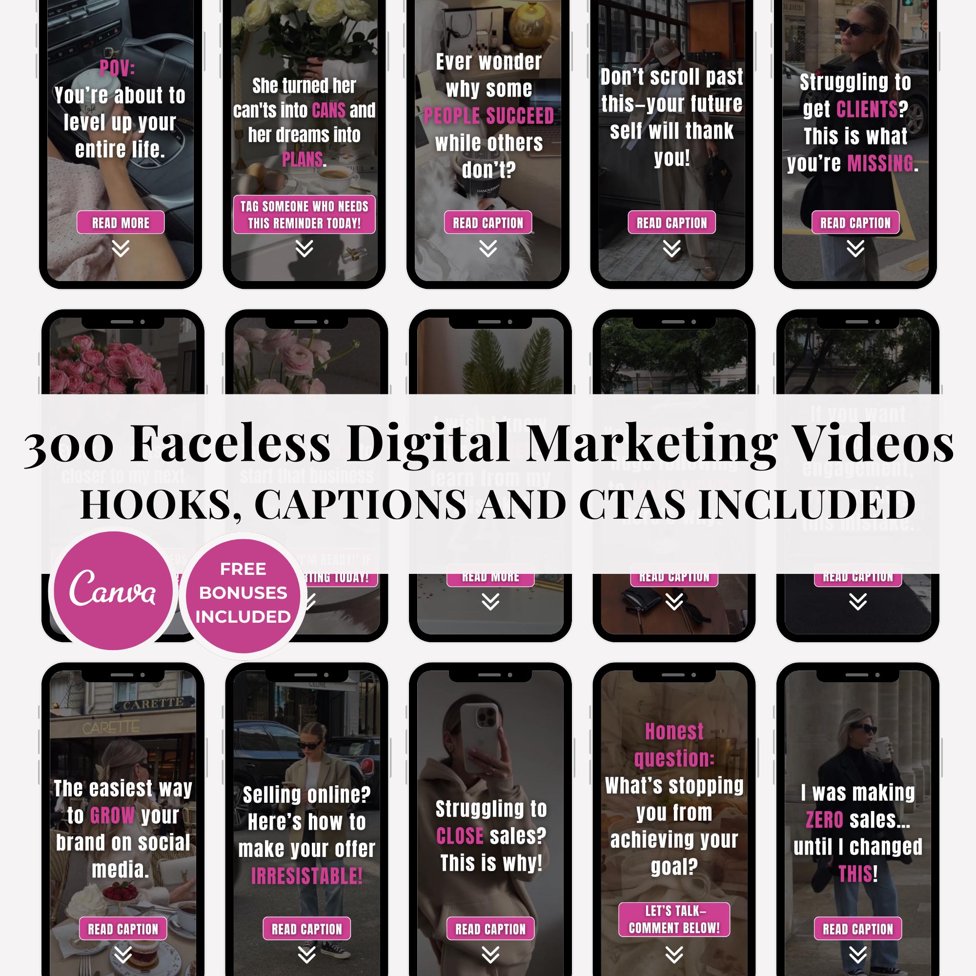 300 Faceless Instagram Reels with Captions, Done-For-You Instagram Reels, Faceless Digital Marketing Videos, Editable Canva Reels Templates