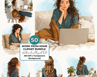 Work From Home Clipart Bundle Business Woman Clipart Watercolor Woman Clip art Work Instant Download Paper Crafts Junk Journal Scrapbooking