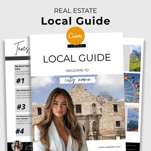 May include: A real estate Local Guide with the text "Real Estate Local Guide" and "Welcome to city name". The guide features a woman in a white blazer, images of a mountain, a Ferris wheel, and a beach. The Canva logo is visible.