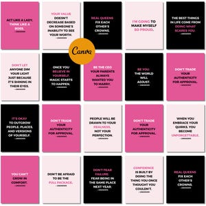 May include: A collection of pink, black, and white inspirational quote cards. Each card features a different quote in a bold, sans-serif font. The Canva logo is centered. The quotes cover themes of self-belief, authenticity, and empowerment.