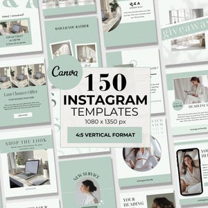 Aesthetic Green Instagram Templates, Instagramable Canva Templates, Clean Canva Templates, 150 IG Posts Templates for Engaging Instagram