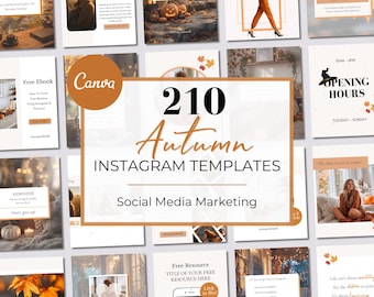 Peut inclure: Ensemble de 210 modèles Instagram d'automne pour le marketing des médias sociaux. Les modèles présentent des designs sur le thème de l'automne avec des citrouilles, des feuilles et des couleurs chaudes. Le mot "Autumn" est affiché.