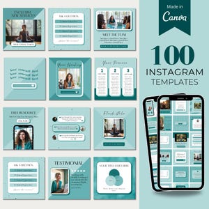 May include: A collection of 100 Instagram templates in a teal and green color scheme. The templates feature various layouts and designs, including text boxes, images, and graphics. The text "100 Instagram Templates" is displayed in a large, bold font.
