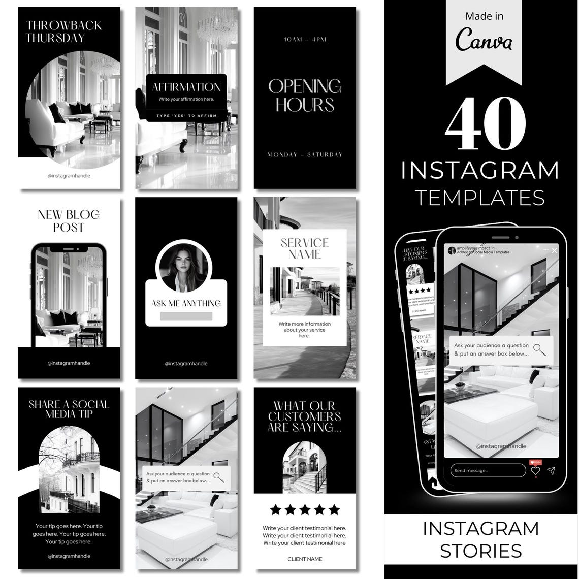 Black & White Instagram Story Templates: Canva Editable IG Templates ...