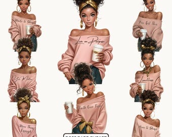 Boss Lady clipartbundel: zwarte vrouw meisje clipart, zwarte vrouw empowerment png-bestanden, commercieel gebruik, sublimatie voor planners, stickers