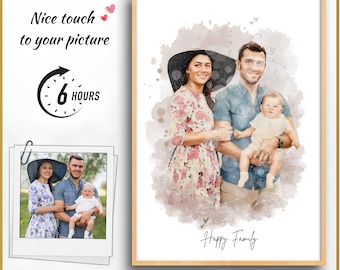 Aangepast portret van foto, aquarel digitale kunstafdruk, gepersonaliseerd portret