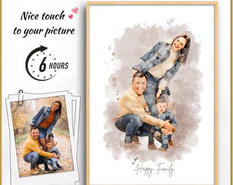 Aangepast portret van foto, aquarel digitale kunstafdruk, gepersonaliseerd portret