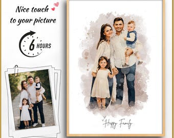 Watercolor Family Portrait, Custom Digital Painting, Family Gift