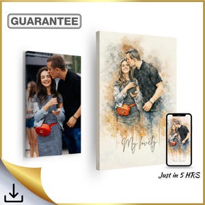 May include: A framed canvas print and a phone display a watercolor-style portrait of a couple. The canvas print shows a couple kissing, with the words "My lovely" written below. The phone displays a similar image. The text "Just in 5 HRS" is also visible.