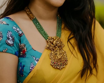On sale! Long haram temple Green Lakshmi pendant Indian Bridal Jewelry Temple Bridal  Jewelry Set Necklace / free ship from NJ