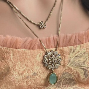 Mint Green Moissanite earring and necklace  Set - seagreen layered chain /free ship from NJ