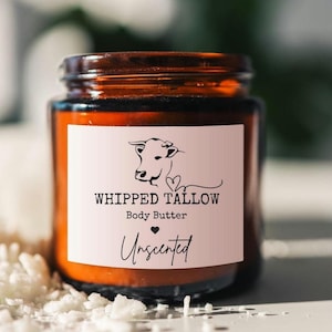 Unscented Whipped Tallow, Organic Grass-Fed Body Butter, Moisturizer, Hand Face and Body Cream