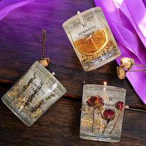 Vela romántica en frasco de vidrio con aroma a lavanda, gel lujoso para fiestas, cera pura de color ámbar, velas de rosas para bodas con flores secas