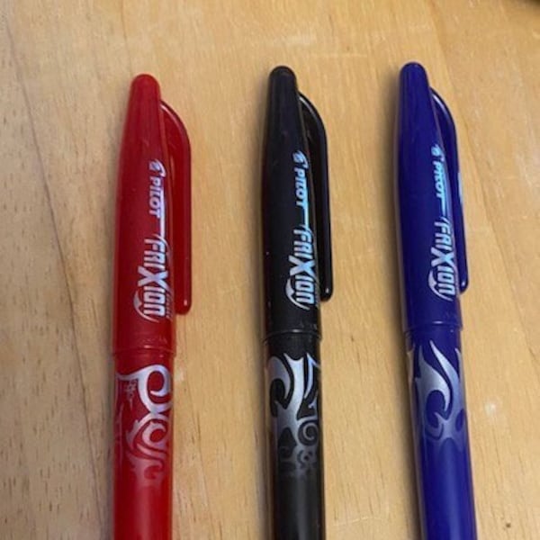 Frixion Pens by Pilot -For marking fabrics - erasable with heat from the iron - Set of 3 pens, red black blue - bag making, quilting, sewing