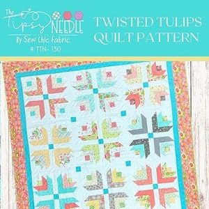 May include: A quilt pattern for a quilt called "Twisted Tulips" by The Tipsy Needle. The quilt is 72 inches by 92 inches and is made with a jelly roll of fabric. The quilt is made in a variety of colors, including pink, blue, green, and yellow.