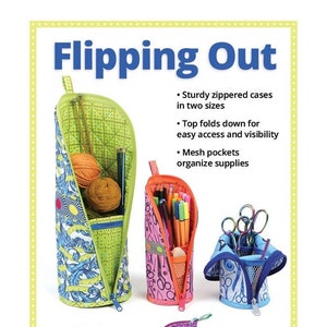 May include: A sewing pattern for zippered cases that convert to sturdy stands. The pattern includes instructions for making two sizes of cases, with mesh pockets for organizing supplies. The cases are shown in various colors and patterns, including green, pink, and blue.