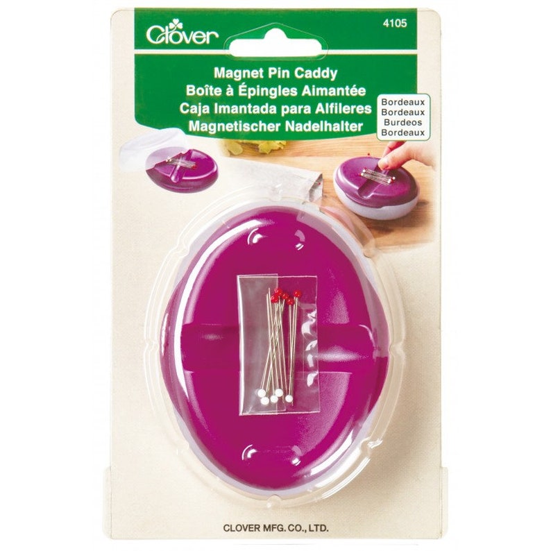 Clover Magnet Pin Caddy Color Bordeaux Holds straight pins for sewing with a cover for travel image 1
