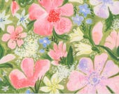 Moda Fabric - Sweet Cecily -  by Janet Clare - 1/2 yard - 24640 13 - light green with large pink flowers and green leaves - cotton fabric
