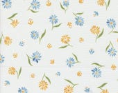 Moda Fabric - Sunshine and Blue Skies 39826 11 - Create Joy Project by Laura Muir - 1/2 yard -white  background yellow & blue daisies Cotton