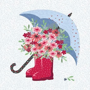 May include: A whimsical illustration features a red rain boot filled with pink and red flowers, topped with a light blue umbrella. The umbrella and boot are set against a white background with a dotted pattern, and accented with floral cross patterns.