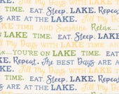Moda Fabric - On Lake Time by Deb Strain - 1/2 yard - 56123 11 - white with blue, green, yellow words - 44" Cotton Fabric - Lake time