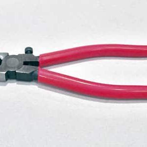 May include: Red handled pliers with a silver jaw for crimping metal.