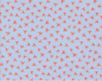 Moda Fabric - Memory Lane by Brenda Riddle - 18783 16 - 1/2 yard - blue background with small  pink and red flowers - 44" wide - Cotton