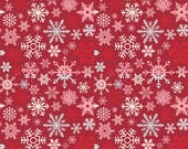Riley Blake Fabric - Mistletoe and Holly - by Beverly McCullough - C16402 Barn Red - red with gray, pink and white snowflakes - 1/2 yard