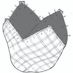 May include: A gray and white fabric project with a plaid pattern. The fabric is folded and pinned together, with the edges of the fabric visible.