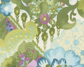 Moda Fabric - Jolie by Chez Moi 33690 - 16 - 1/2 yard - large print green and aqua on white Floral design - Cotton Fabric