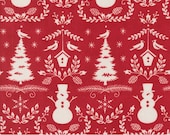 Moda Fabric - Winter Friends by Deb Strain for Moda - 56133 17 - 1/2 yard - Red with white snowmen and bird houses - Cotton - Birds & trees