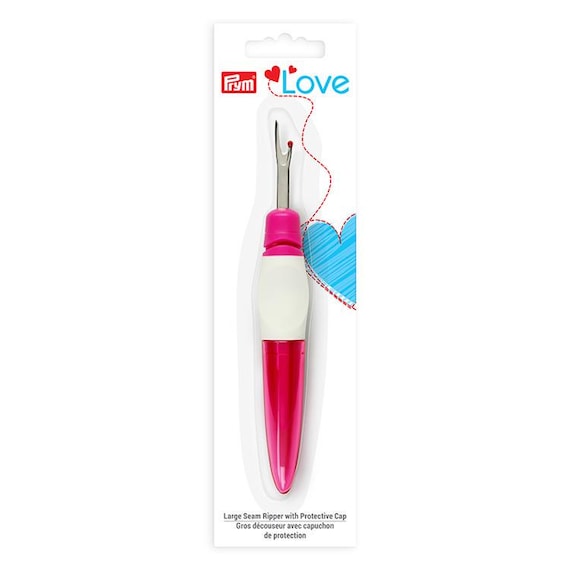 Prym Large Seam Ripper - Hot Pink and white Handle - Large Point - Cuts unwanted threads - with a cap - Ergonomic soft handle grip