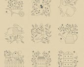 Moda Fabric - Bloom and Grow by Kathy Schmitz for Moda - 7055 11 - 24"X44" - 100% cotton- Quilt panel tan background with black designs