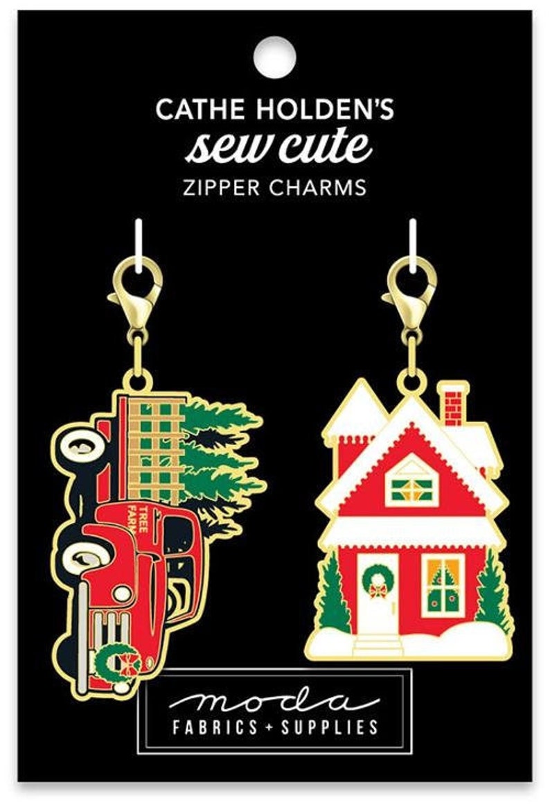 Cathe Holden Zipper Pulls Christmas Red Truck/House by Moda Metal and Enamel zipper Pulls Christmas Theme Truck/House image 1