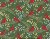 Moda Fabric - Winter Friends by Deb Strain for Moda - 56132 16 - 1/2 yard - Green with green branches and red cardinals and berries - Cotton